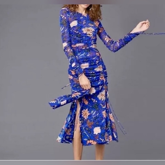 DIANE VON FURSTENBERG  Corrine ruched floral-print stretch-mesh midi dress Sz 8 - Picture 3 of 16